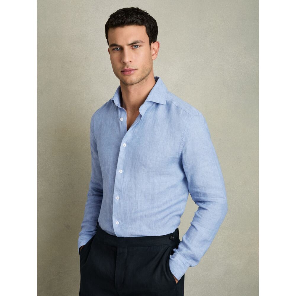 Reiss Linen Button-Through Shirt in Sky Blue Size Medium Slim Fit 100% linen
